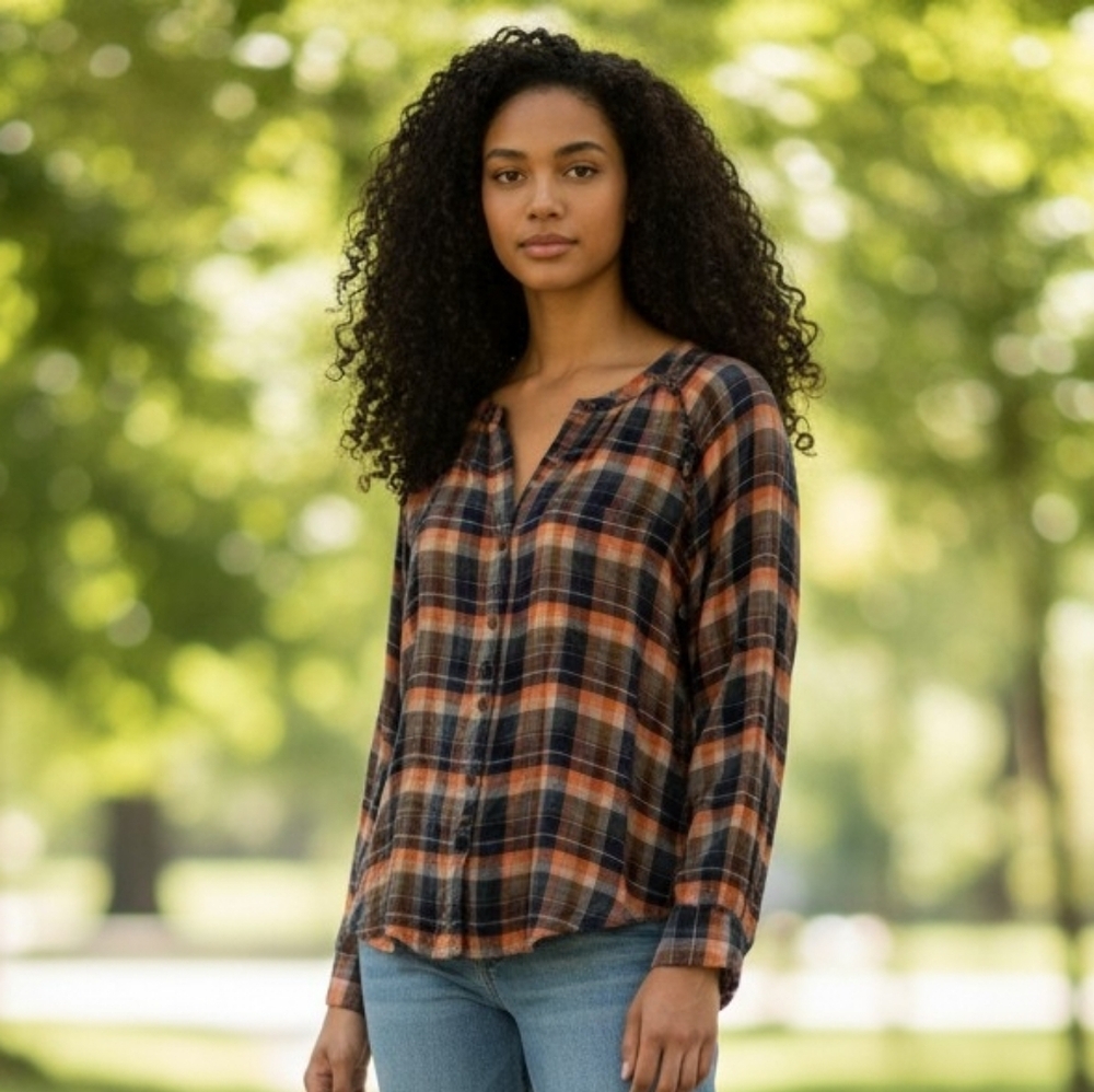 beachlunchlounge Plaid Button-Down Shirt - Orange and Black